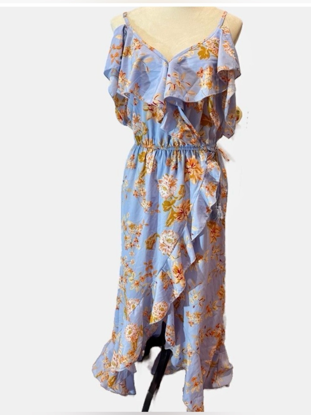 Hint of Blush floral ruffled tiered high low maxi dress blue peach M